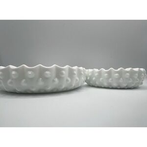 VTG Lot Of 2 FENTON WHITE MILK GLASS HOBNAIL ASHTRAY CANDY DISH 6 1/2" 5" AB
